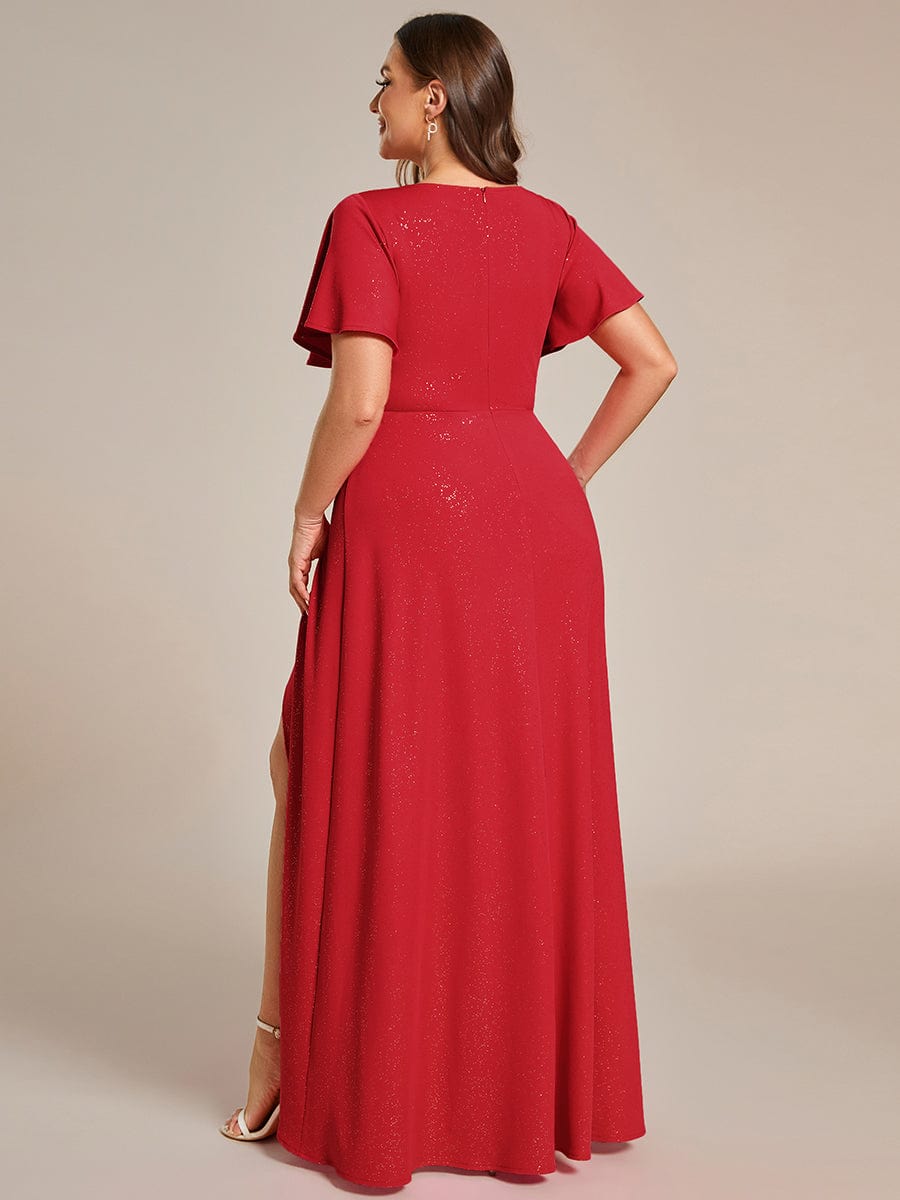 Plus Size Glitter High-Low Front Slit Maxi Dress #color_Red