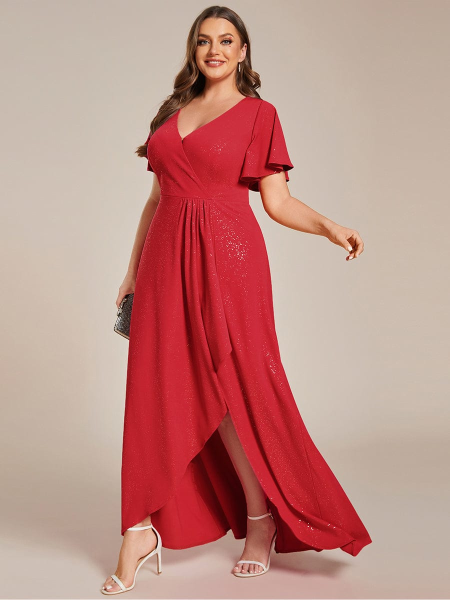 Plus Size Glitter High-Low Front Slit Maxi Dress #color_Red