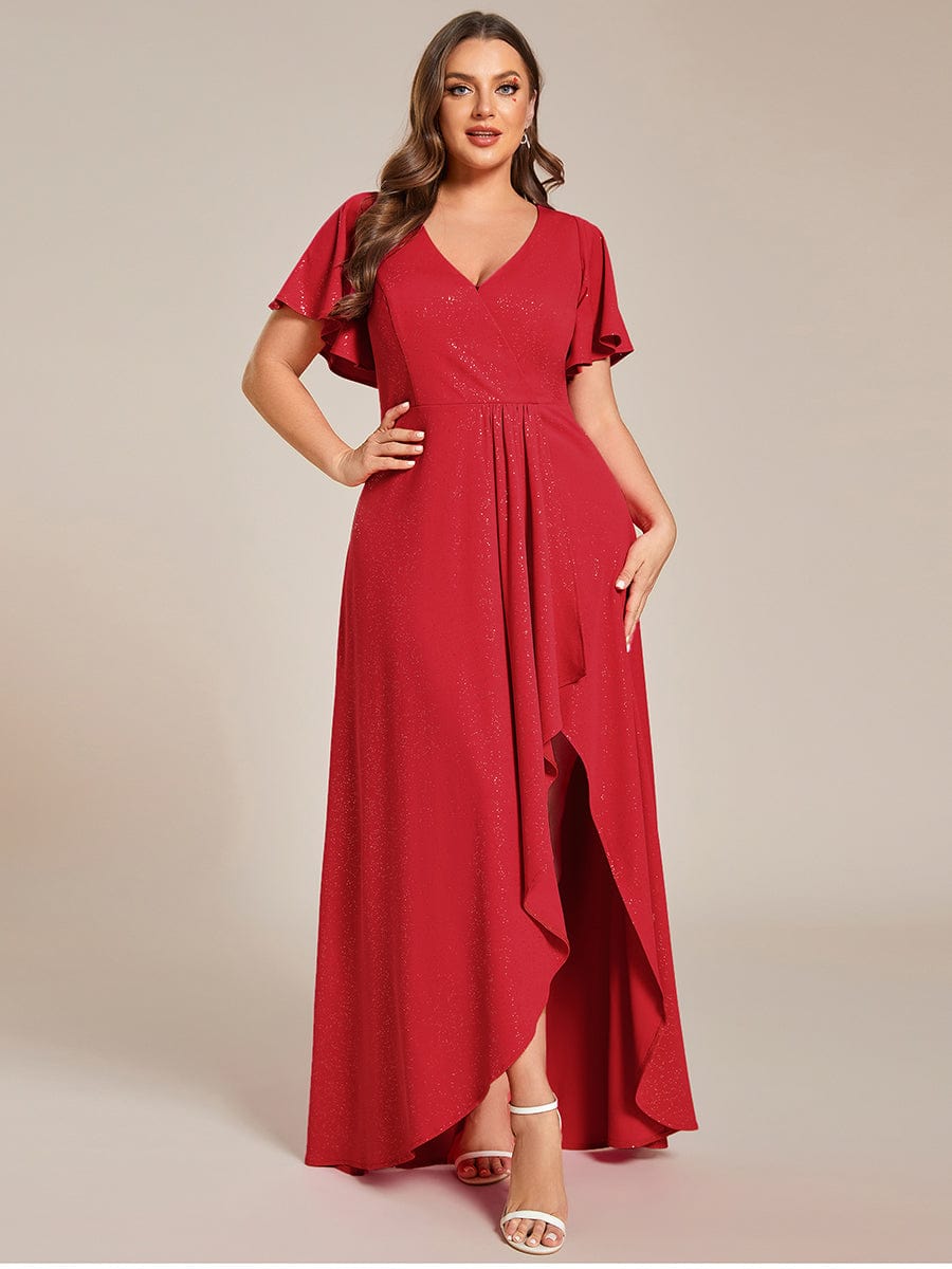 Plus Size Glitter High-Low Front Slit Maxi Dress #color_Red