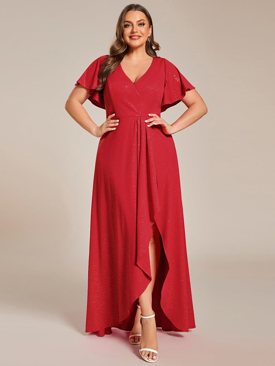 Plus Size Glitter High-Low Front Slit Maxi Dress #color_Red