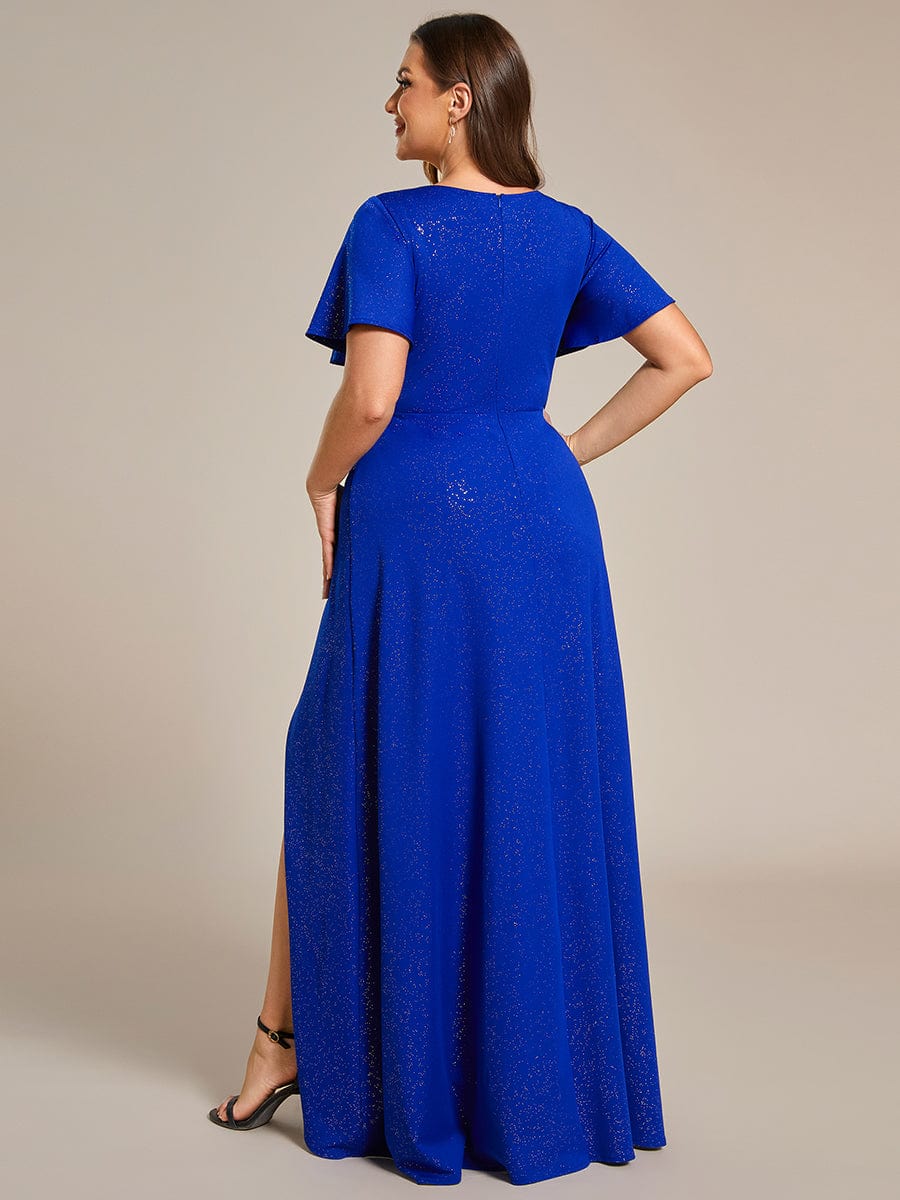 Plus Size Glitter High-Low Front Slit Maxi Dress #color_Sapphire Blue