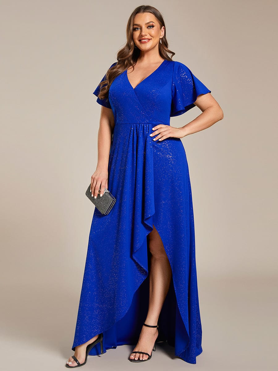 Plus Size Glitter High-Low Front Slit Maxi Dress #color_Sapphire Blue