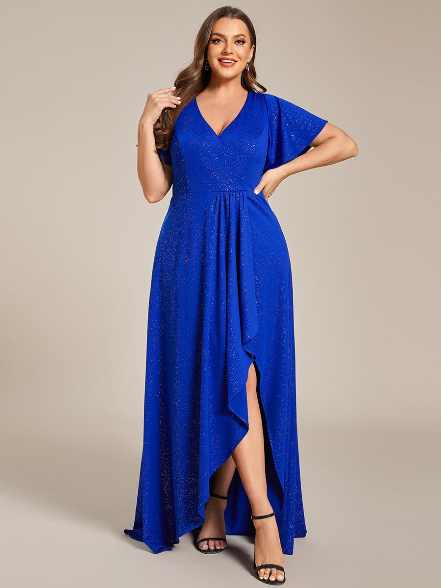 Plus Size Glitter High-Low Front Slit Maxi Dress #color_Sapphire Blue