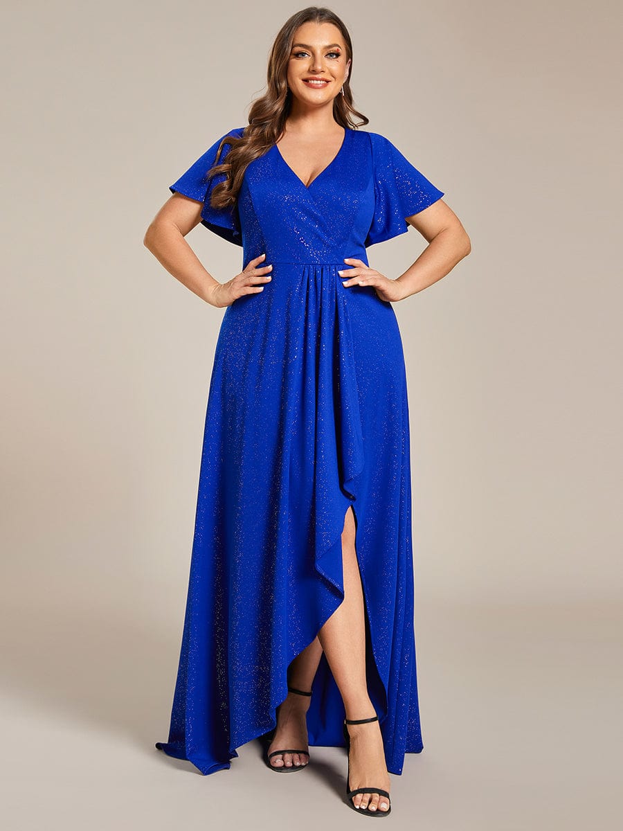 Plus Size Glitter High-Low Front Slit Maxi Dress #color_Sapphire Blue