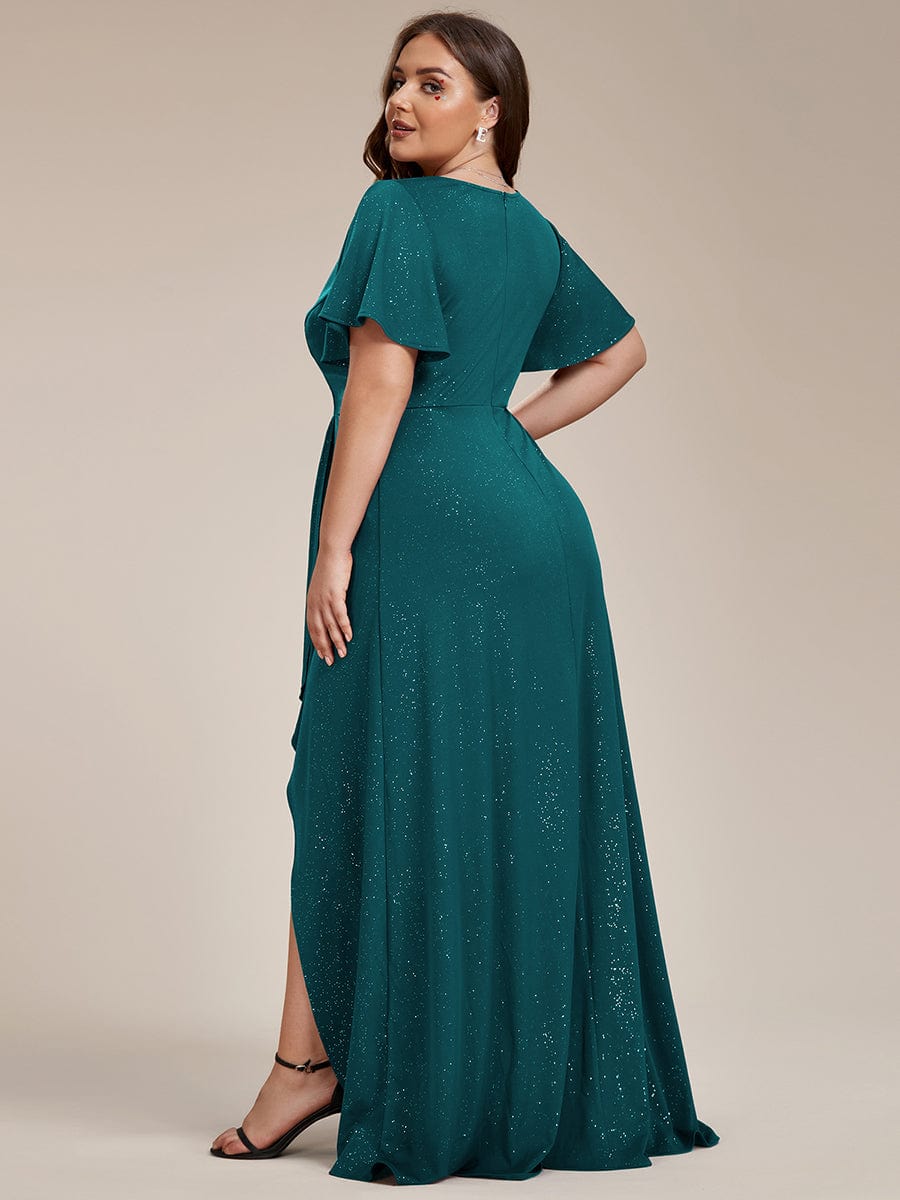 Plus Size Glitter High-Low Front Slit Maxi Dress #color_Teal