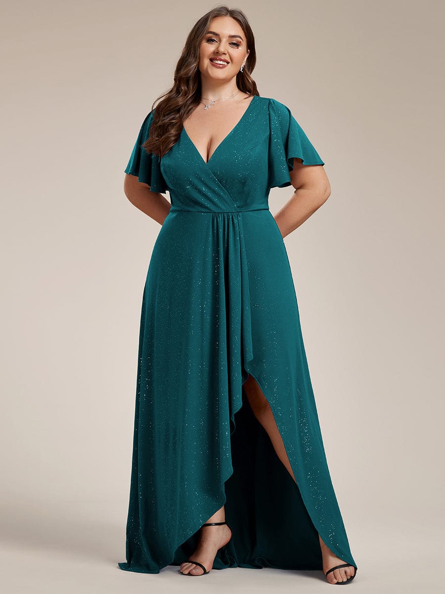 Plus Size Glitter High-Low Front Slit Maxi Dress #color_Teal