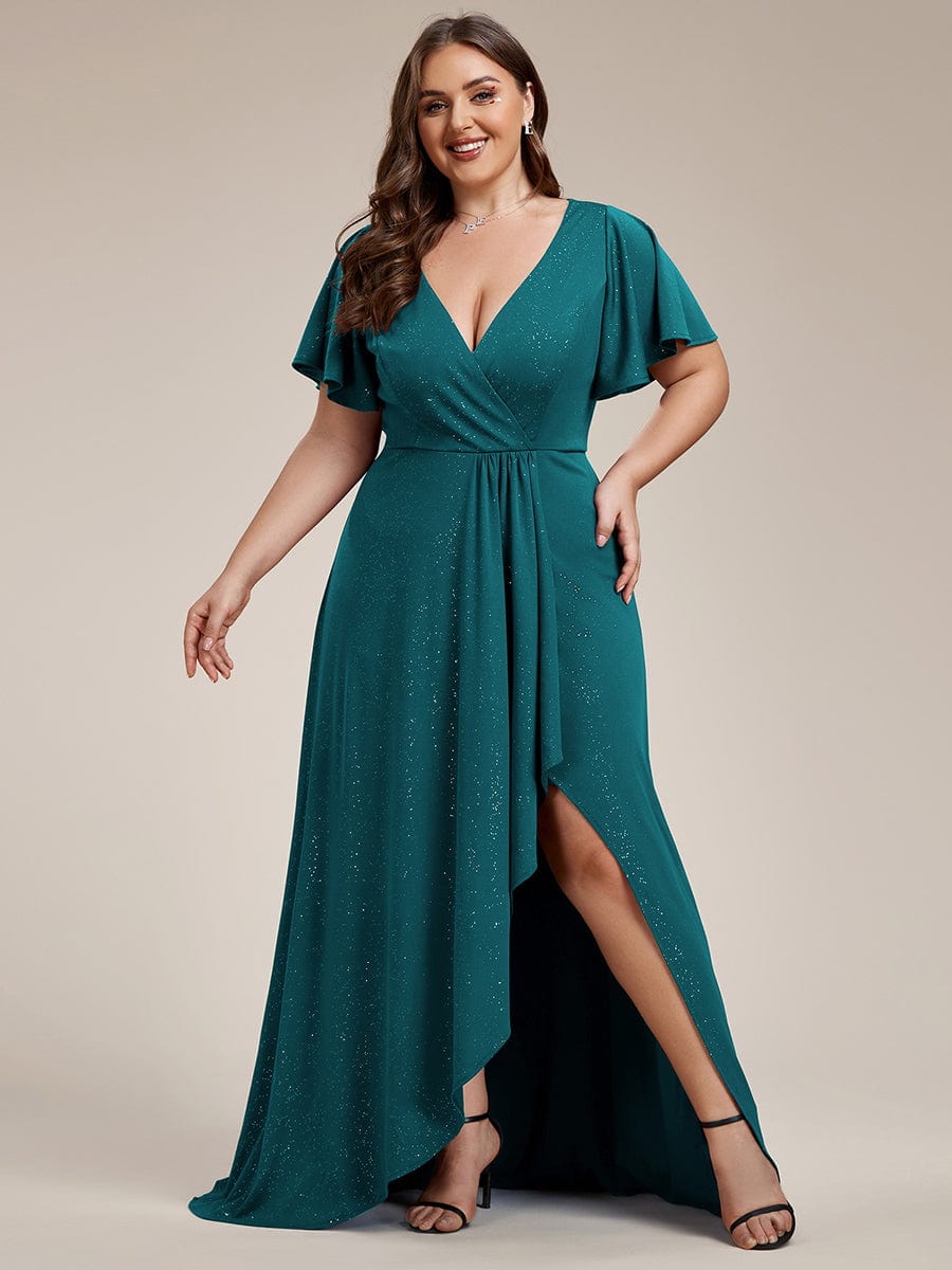 Plus Size Glitter High-Low Front Slit Maxi Dress #color_Teal