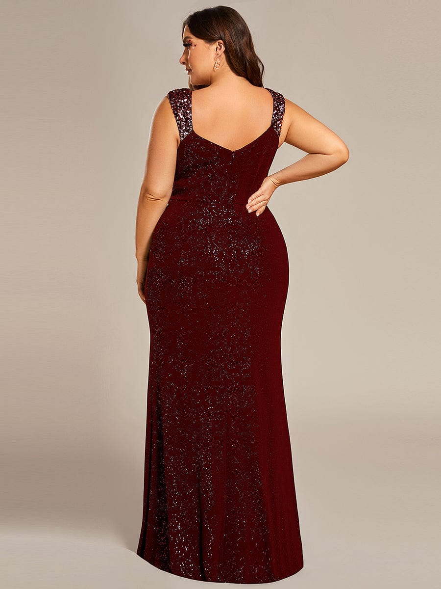 Plus Size V-Neck Sequin Strap Glitter Maxi Dress with High Slit #color_Burgundy