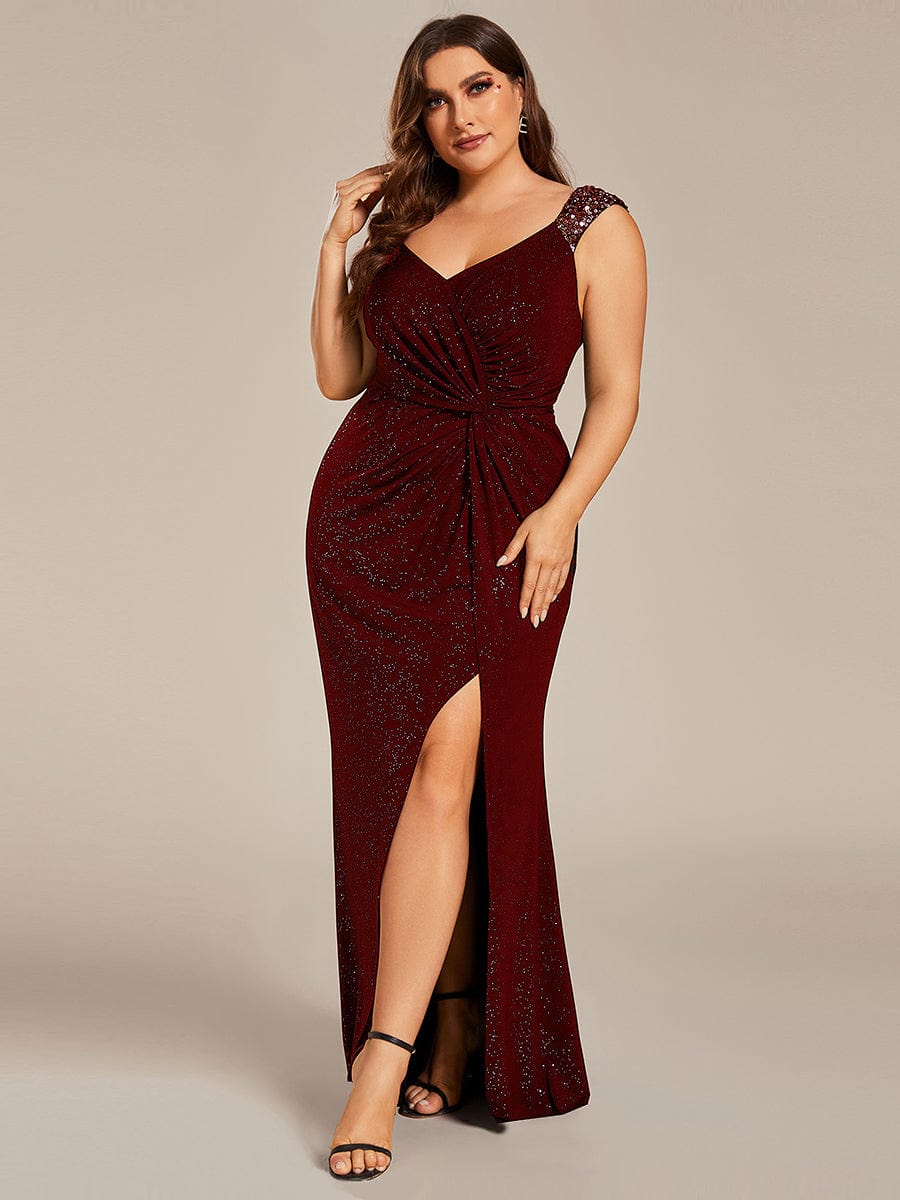 Plus Size V-Neck Sequin Strap Glitter Maxi Dress with High Slit #color_Burgundy