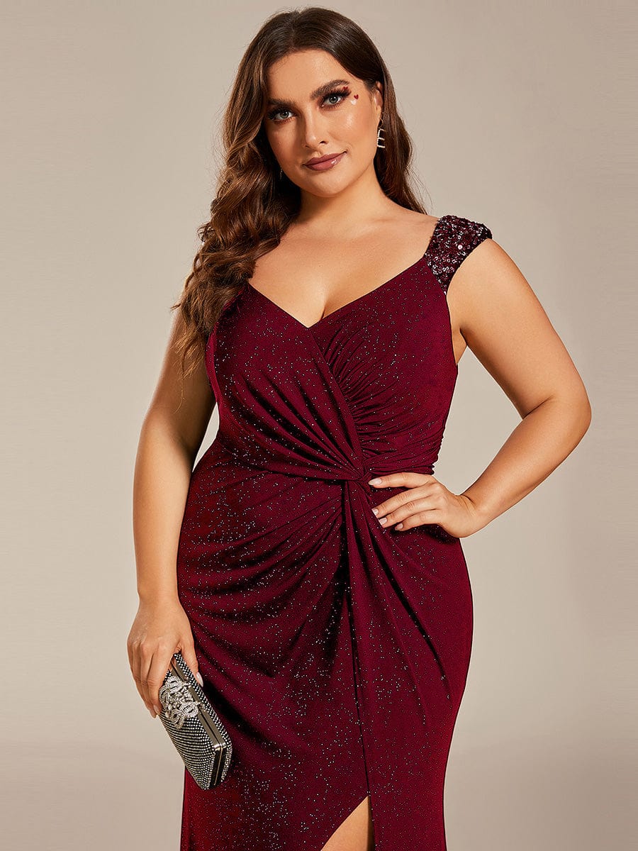 Plus Size V-Neck Sequin Strap Glitter Maxi Dress with High Slit #color_Burgundy