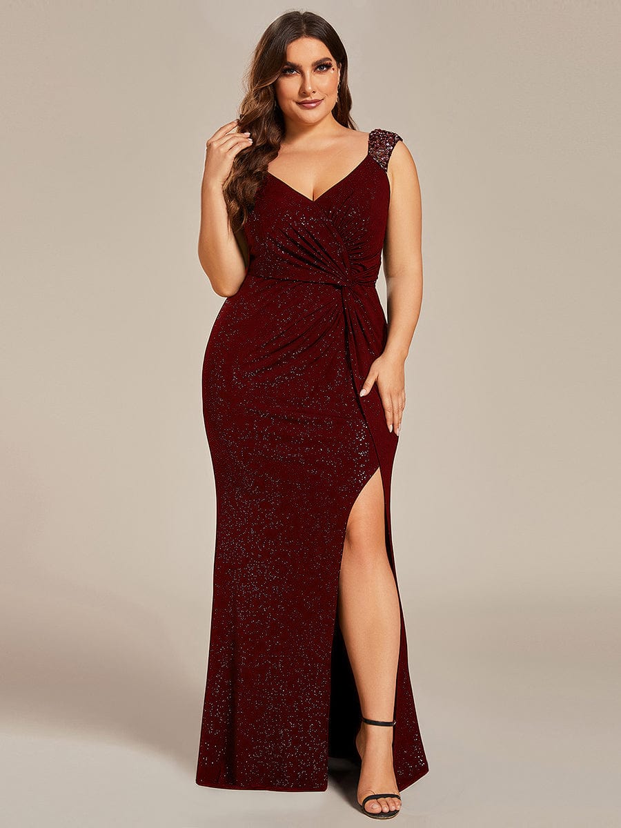 Plus Size V-Neck Sequin Strap Glitter Maxi Dress with High Slit #color_Burgundy