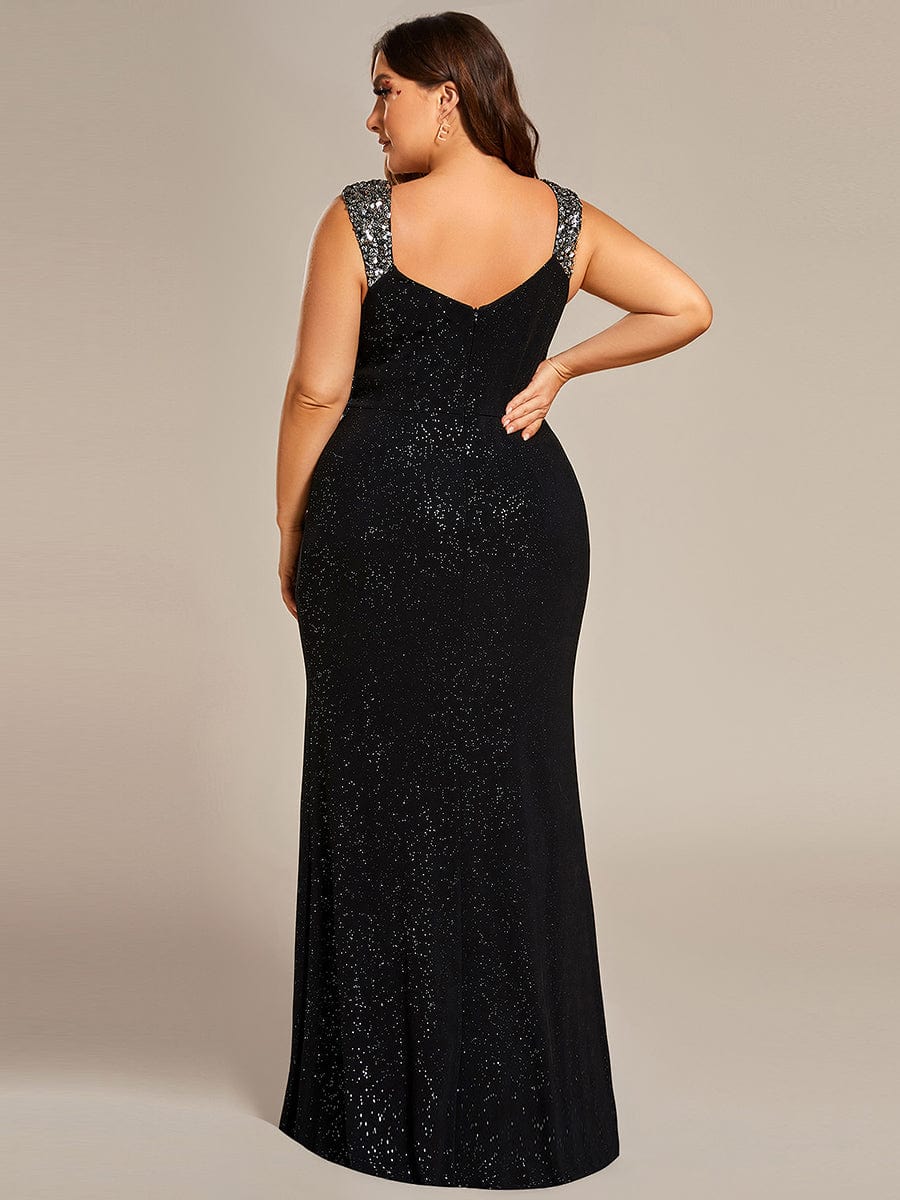 Plus Size V-Neck Sequin Strap Glitter Maxi Dress with High Slit #color_Black