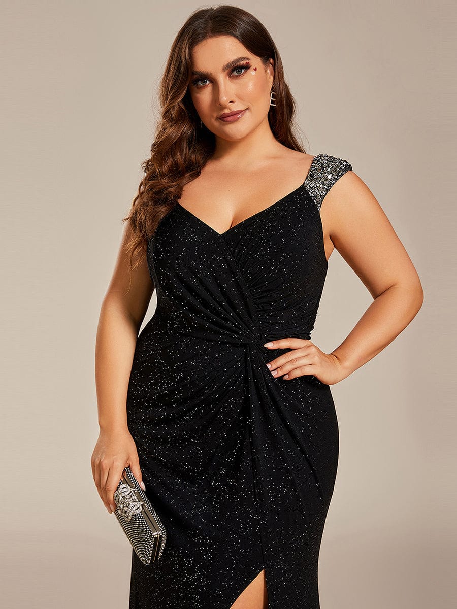 Plus Size V-Neck Sequin Strap Glitter Maxi Dress with High Slit #color_Black