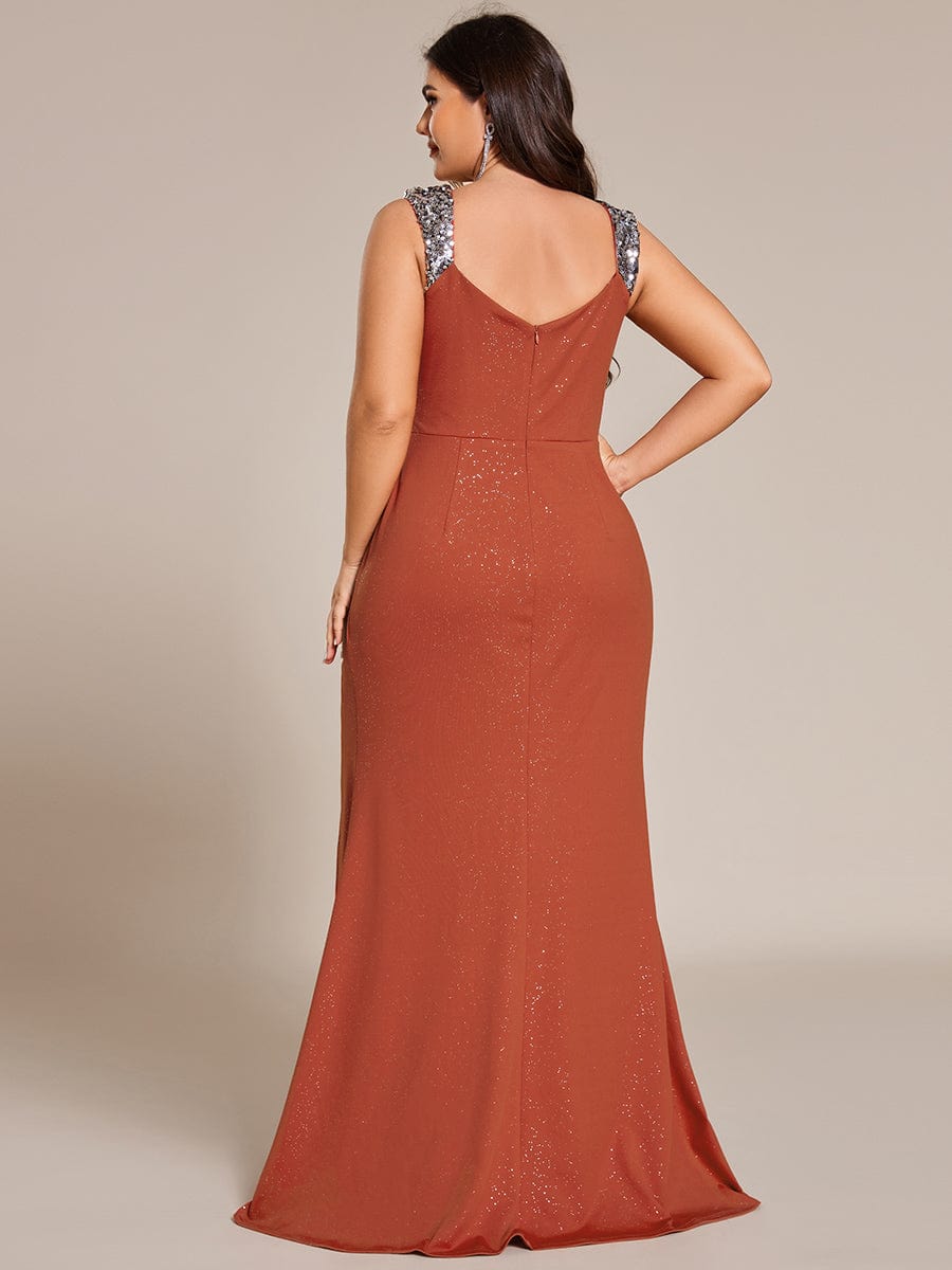 Plus Size V-Neck Sequin Strap Glitter Maxi Dress with High Slit #color_Burnt Orange