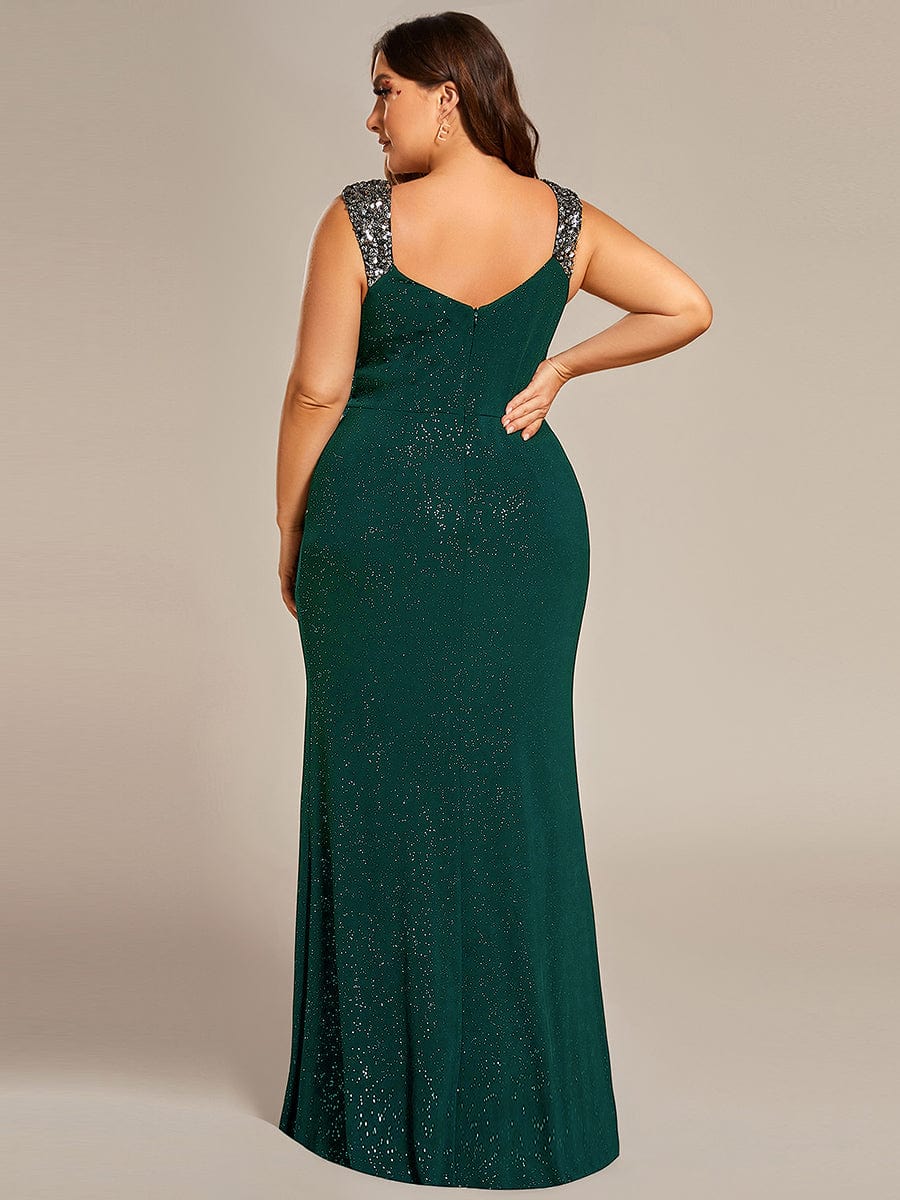 Plus Size V-Neck Sequin Strap Glitter Maxi Dress with High Slit #color_Dark Green