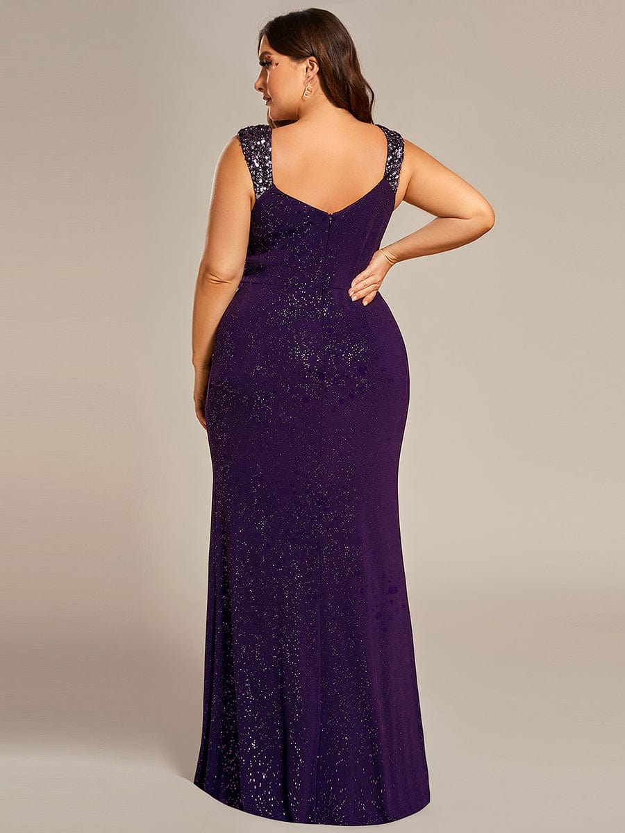 Plus Size V-Neck Sequin Strap Glitter Maxi Dress with High Slit #color_Dark Purple