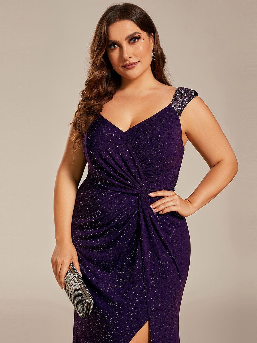 Plus Size V-Neck Sequin Strap Glitter Maxi Dress with High Slit #color_Dark Purple