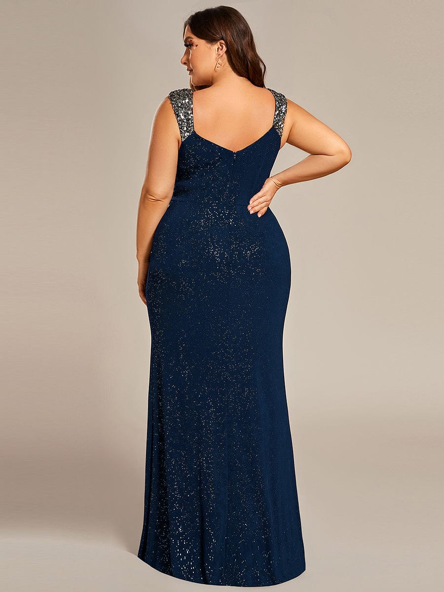 Plus Size V-Neck Sequin Strap Glitter Maxi Dress with High Slit #color_Navy Blue