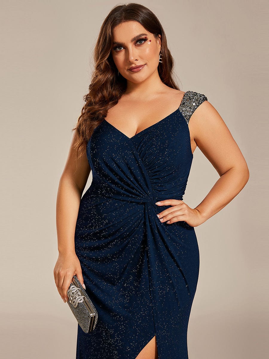 Plus Size V-Neck Sequin Strap Glitter Maxi Dress with High Slit #color_Navy Blue