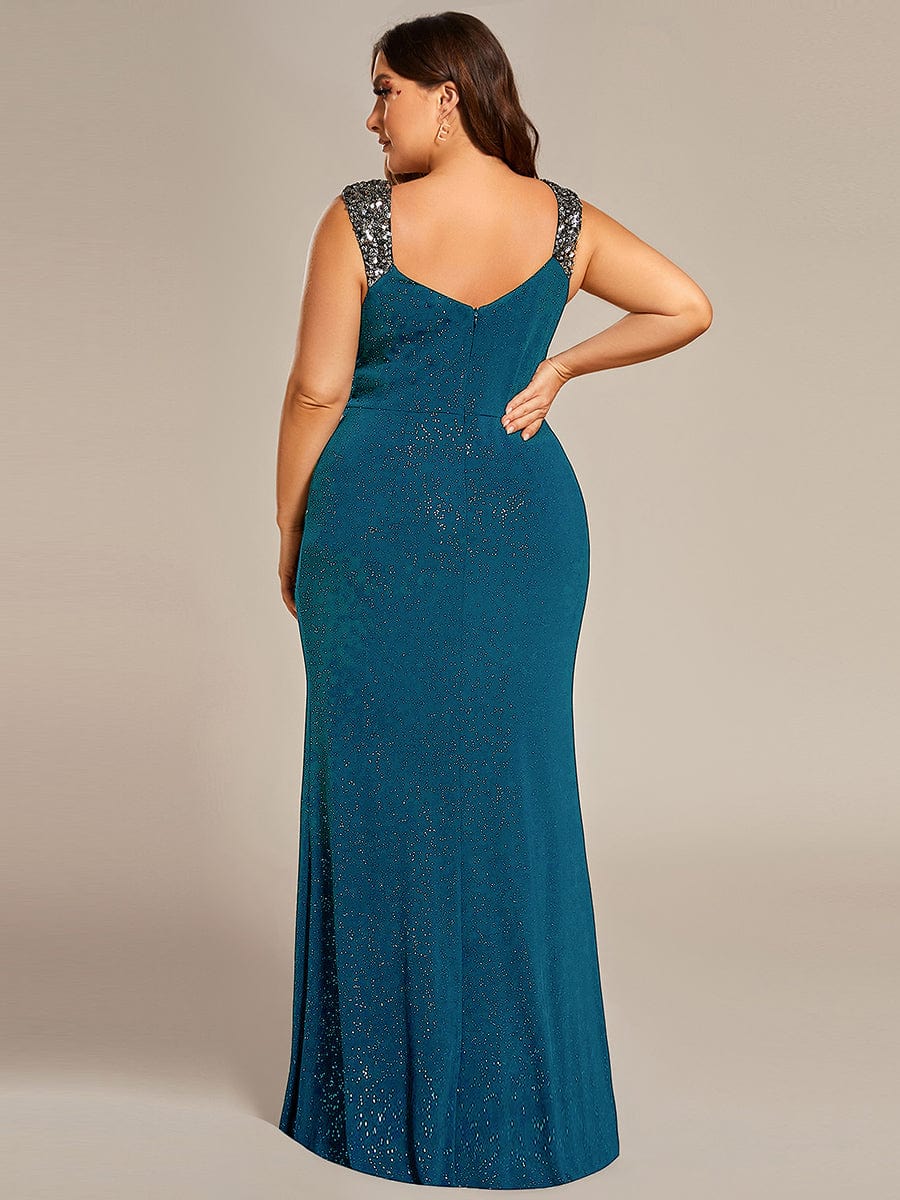 Plus Size V-Neck Sequin Strap Glitter Maxi Dress with High Slit #color_Teal