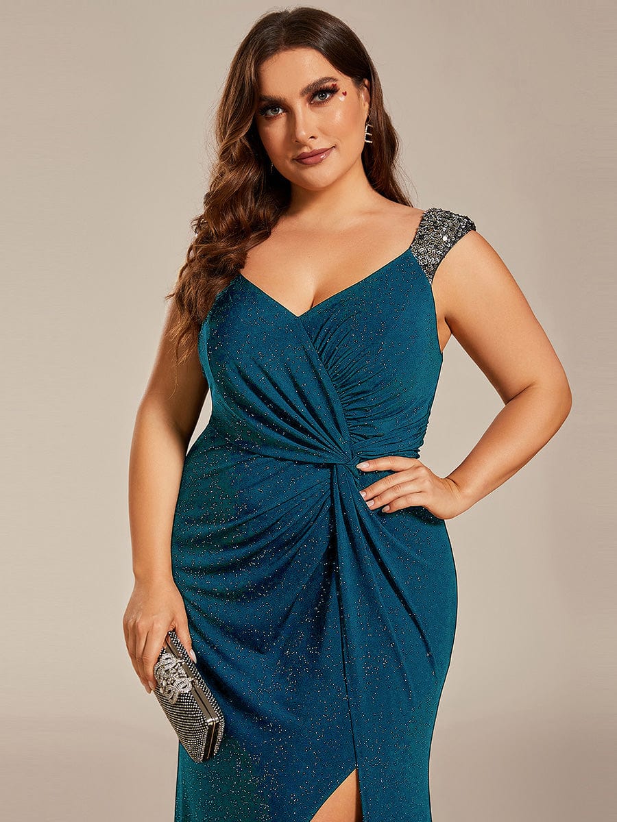 Plus Size V-Neck Sequin Strap Glitter Maxi Dress with High Slit #color_Teal