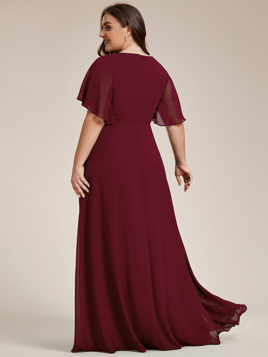 Plus Size Applique Waist A-Line Chiffon Maxi Dress #color_Burgundy