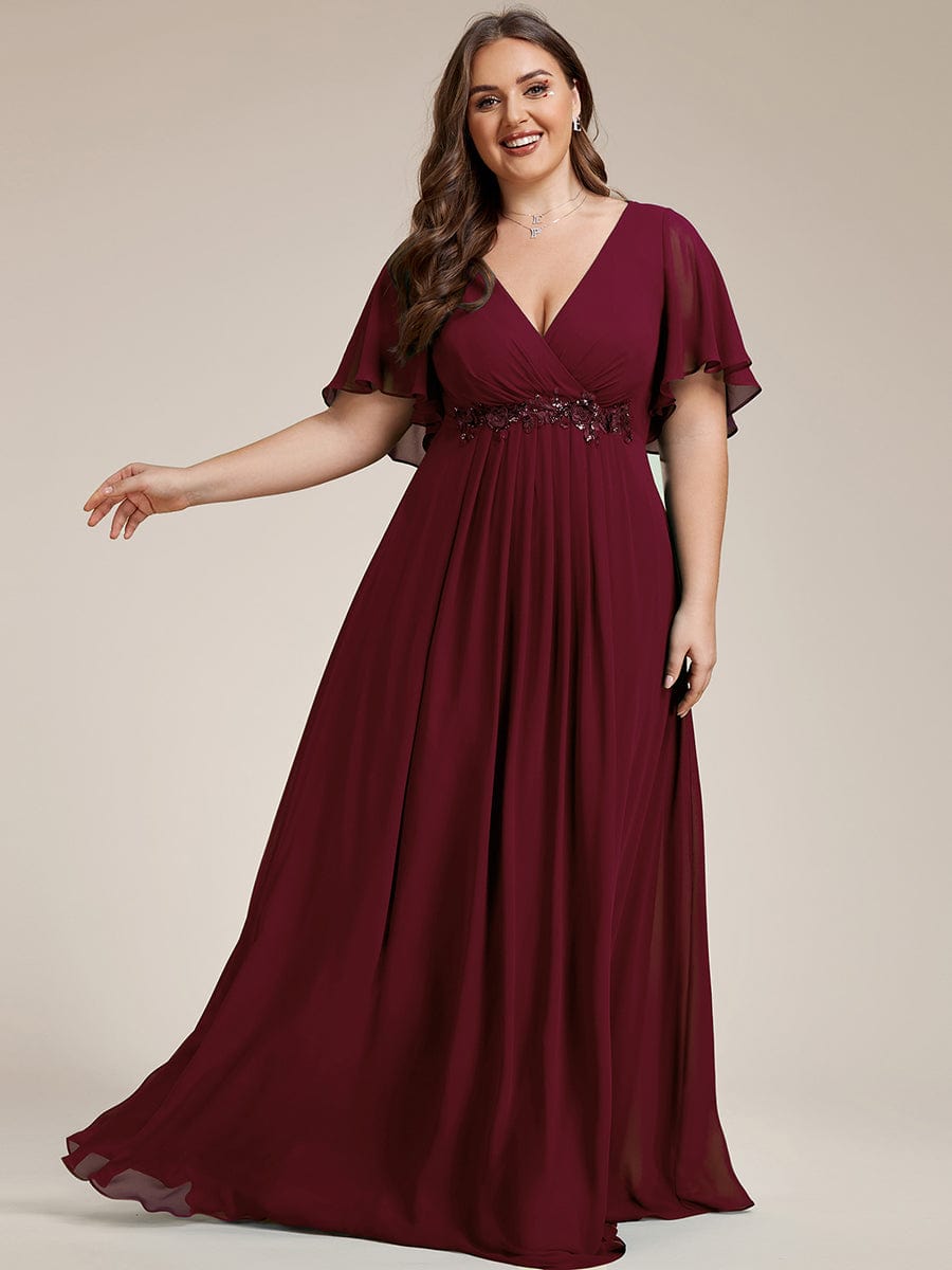 Plus Size Applique Waist A-Line Chiffon Maxi Dress #color_Burgundy