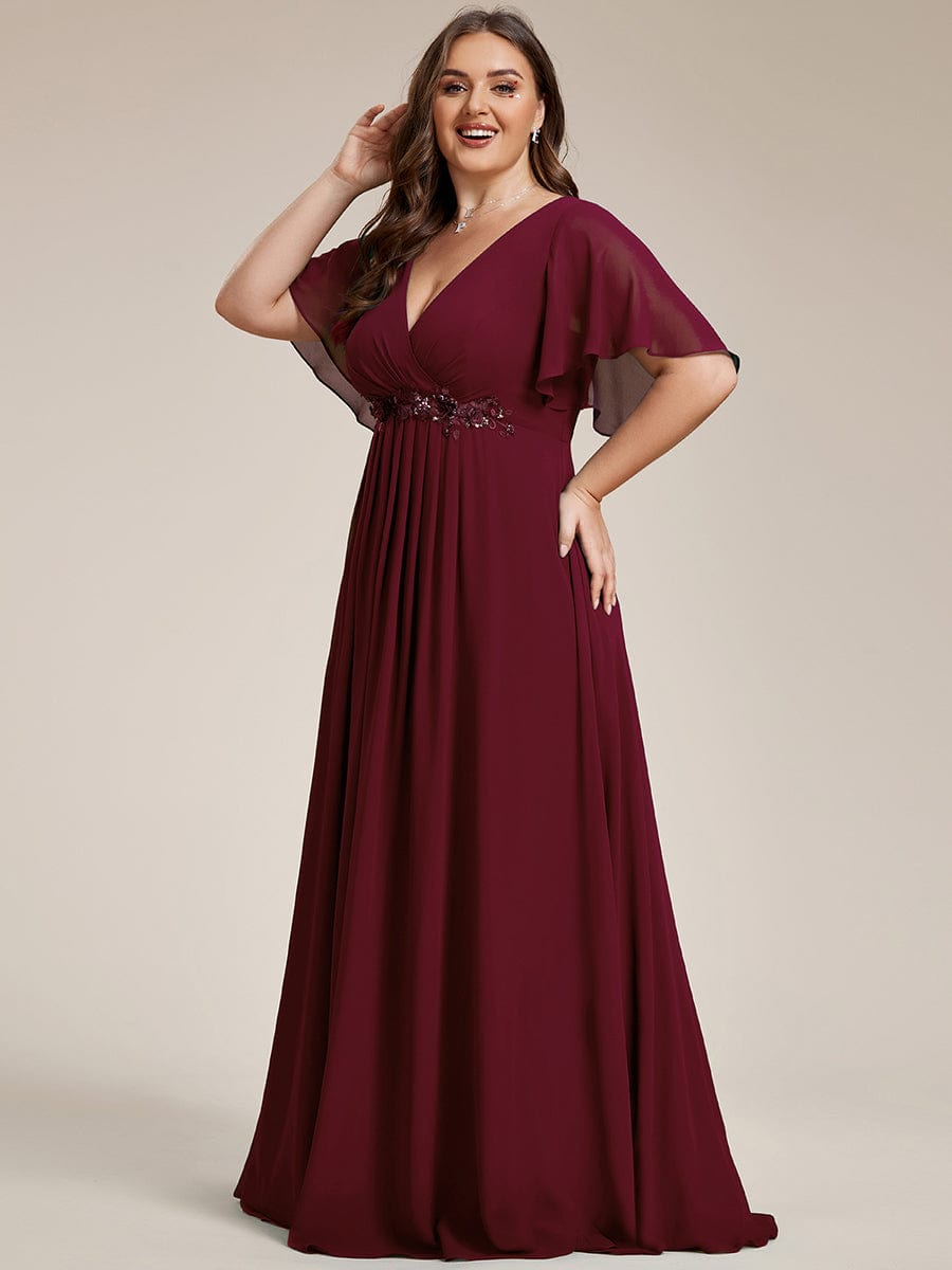 Plus Size Applique Waist A-Line Chiffon Maxi Dress #color_Burgundy