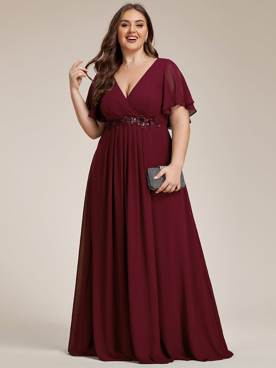 Plus Size Applique Waist A-Line Chiffon Maxi Dress #color_Burgundy