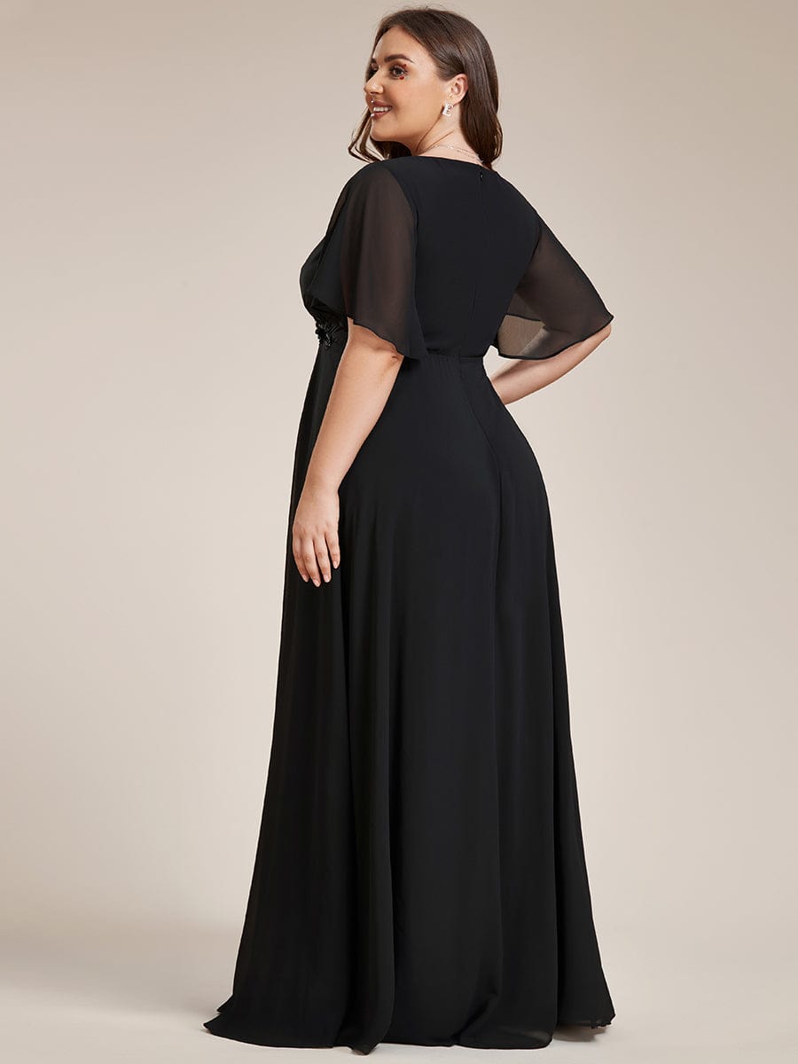 Plus Size Applique Waist A-Line Chiffon Maxi Dress #color_Black