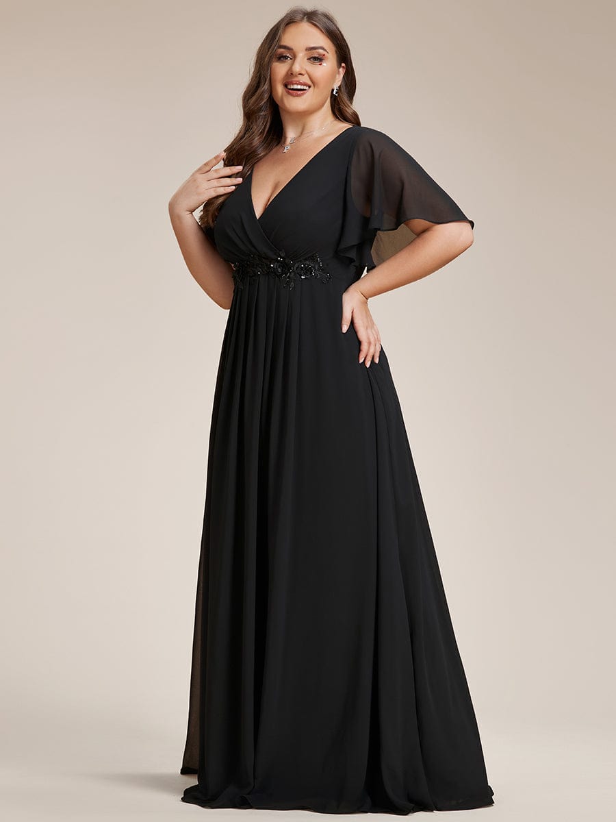 Plus Size Applique Waist A-Line Chiffon Maxi Dress #color_Black