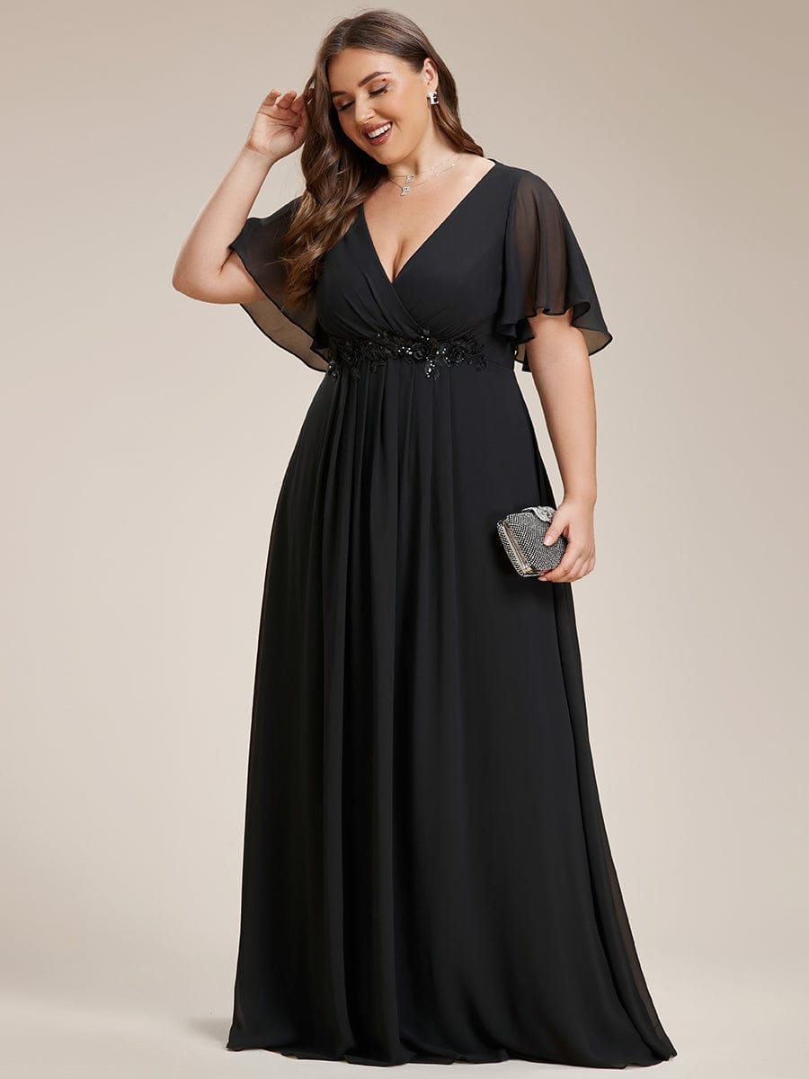 Plus Size Applique Waist A-Line Chiffon Maxi Dress #color_Black