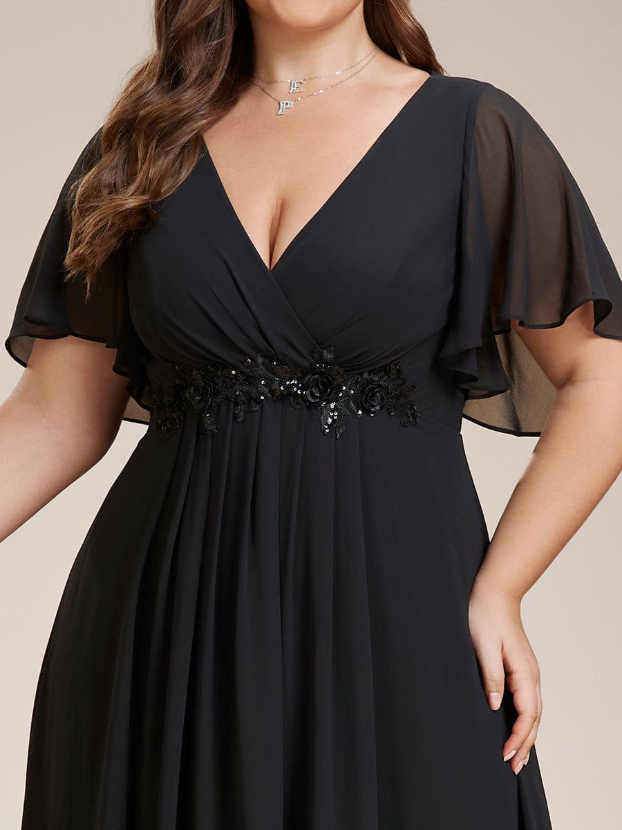 Plus Size Applique Waist A-Line Chiffon Maxi Dress #color_Black