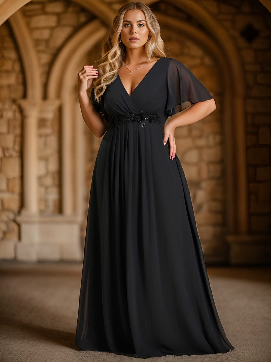 Plus Size Applique Waist A-Line Chiffon Maxi Dress #color_Black