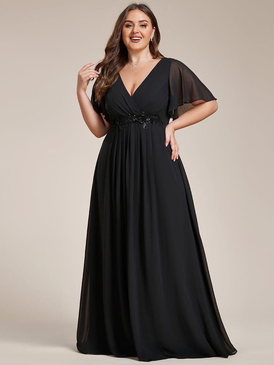 Plus Size Applique Waist A-Line Chiffon Maxi Dress #color_Black