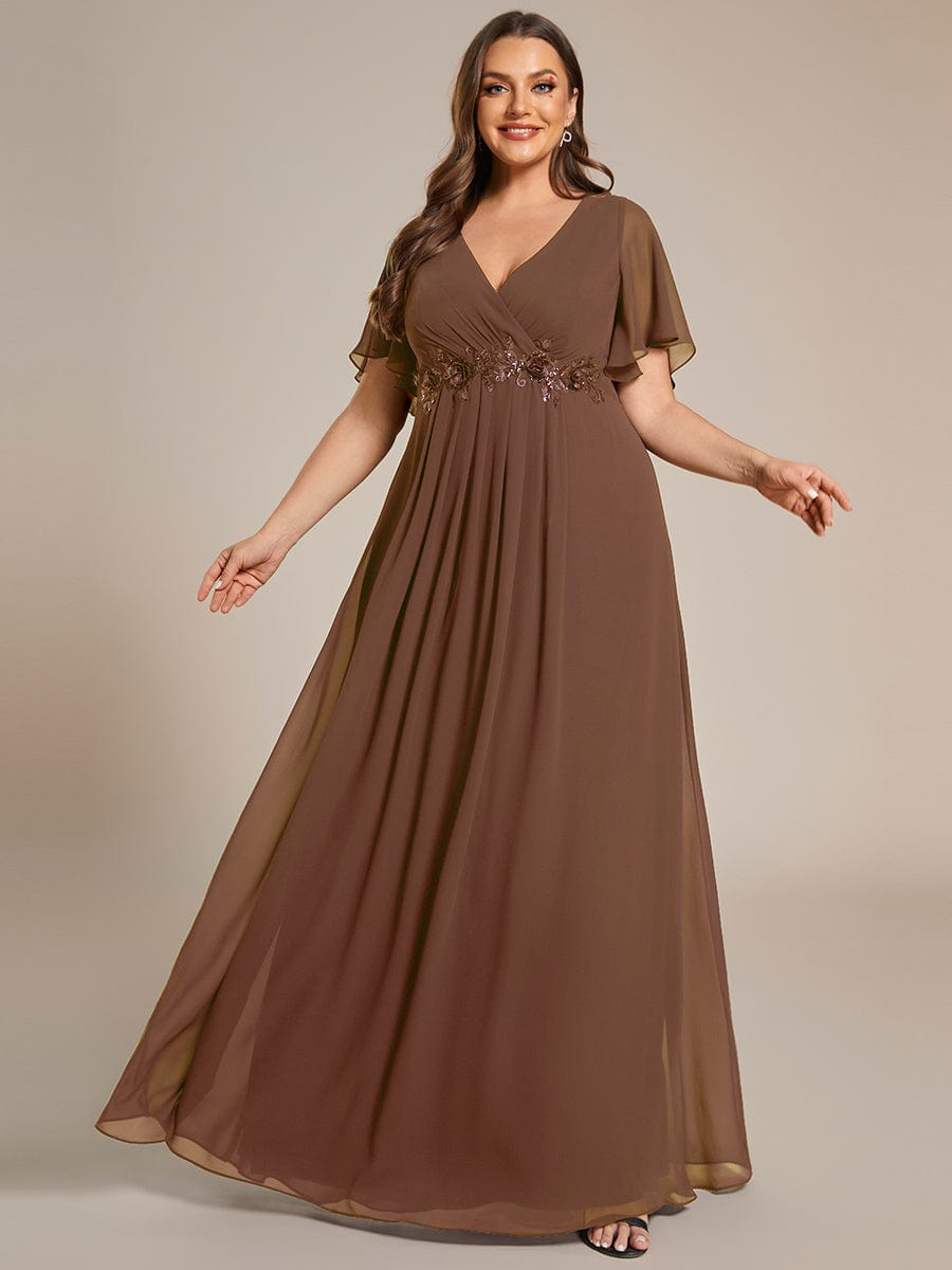 Plus Size Applique Waist A-Line Chiffon Maxi Dress #color_Brown