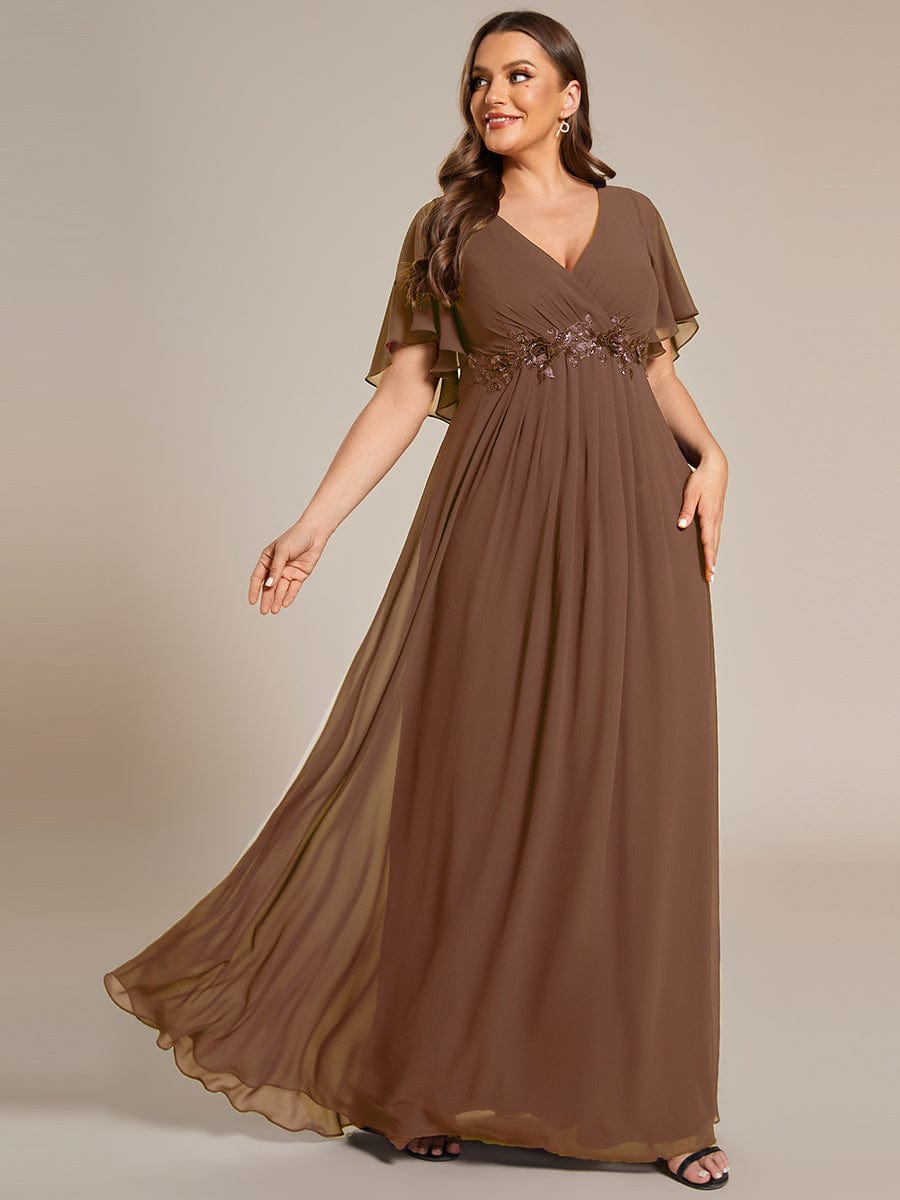 Plus Size Applique Waist A-Line Chiffon Maxi Dress #color_Brown