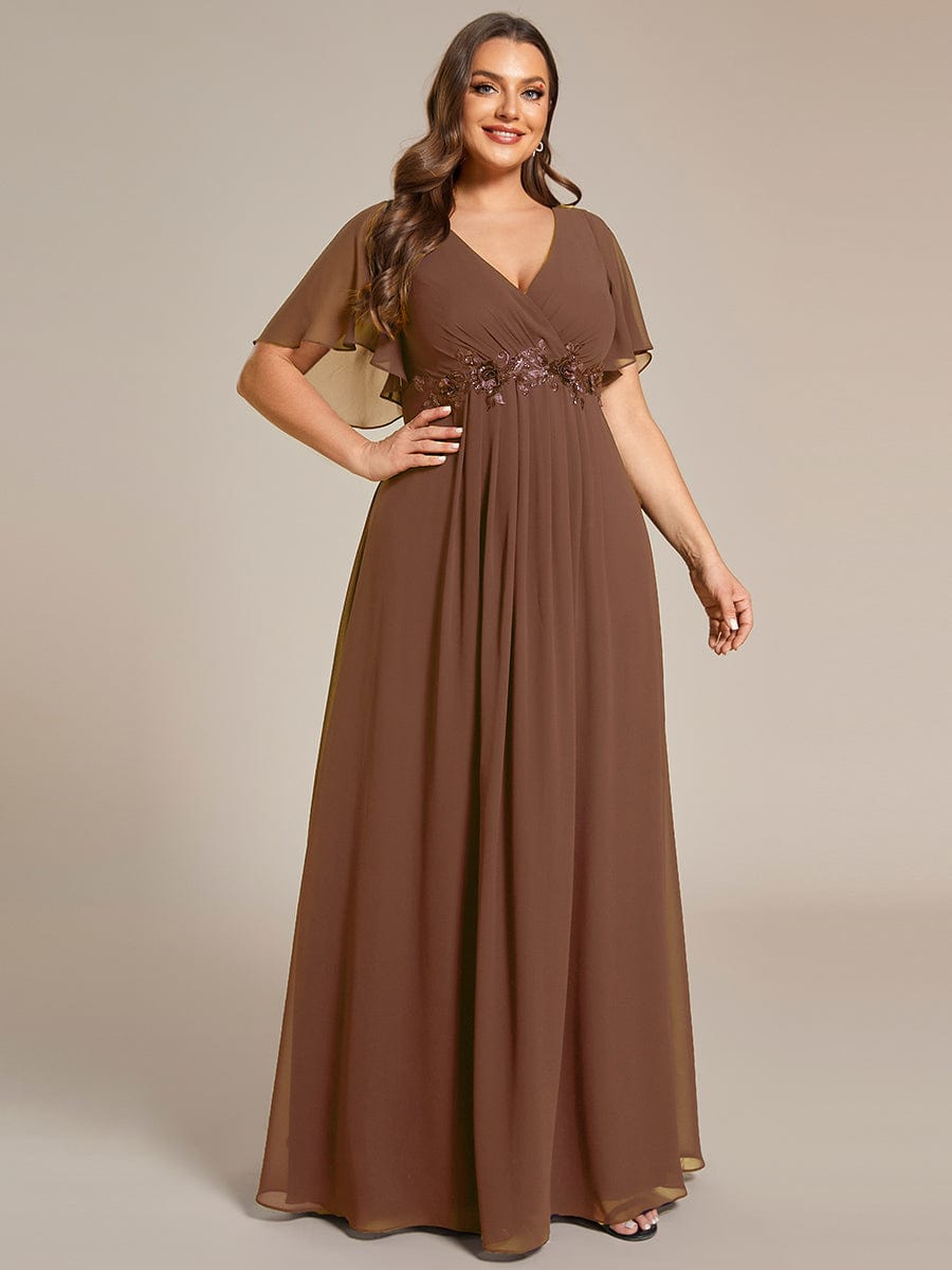 Plus Size Applique Waist A-Line Chiffon Maxi Dress #color_Brown