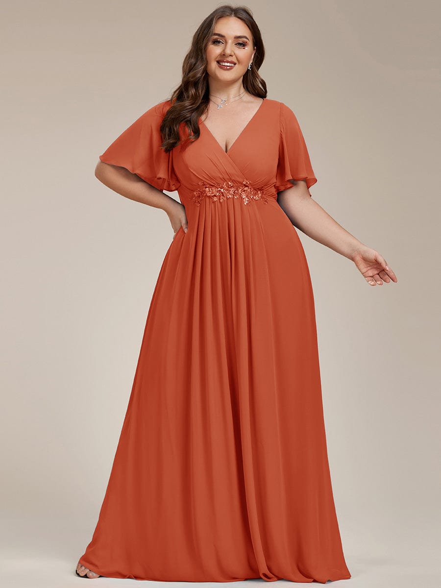 Plus Size Applique Waist A-Line Chiffon Maxi Dress #color_Burnt Orange