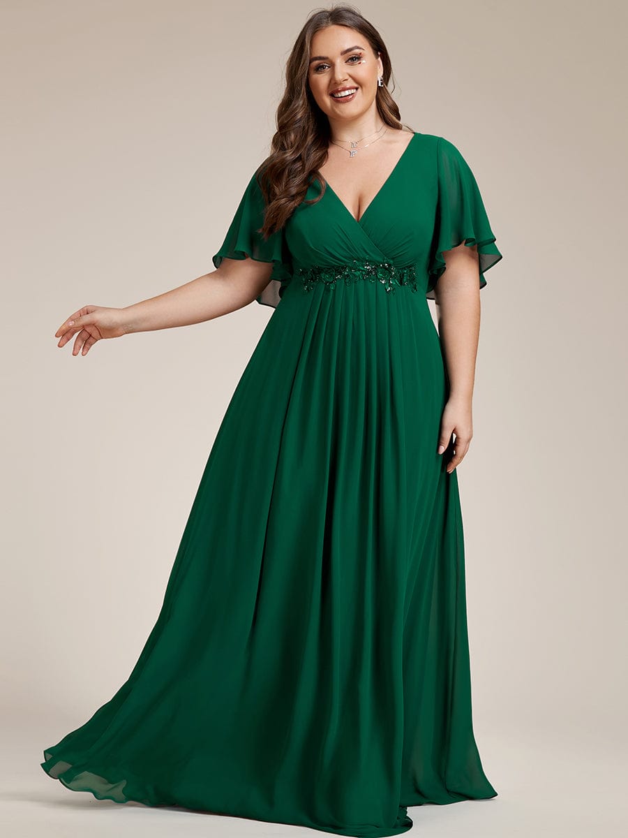 Plus Size Applique Waist A-Line Chiffon Maxi Dress #color_Dark Green