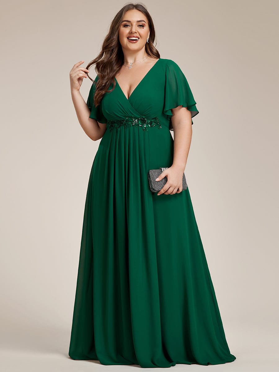 Plus Size Applique Waist A-Line Chiffon Maxi Dress #color_Dark Green