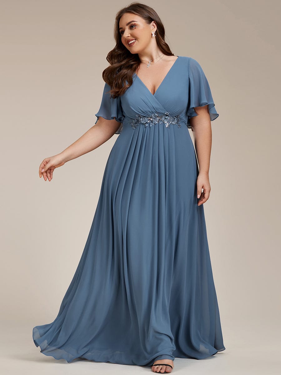 Plus Size Applique Waist A-Line Chiffon Maxi Dress #color_Dusty Blue