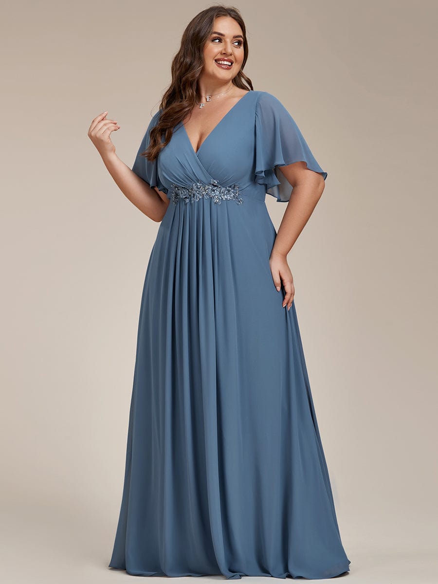 Plus Size Applique Waist A-Line Chiffon Maxi Dress #color_Dusty Blue