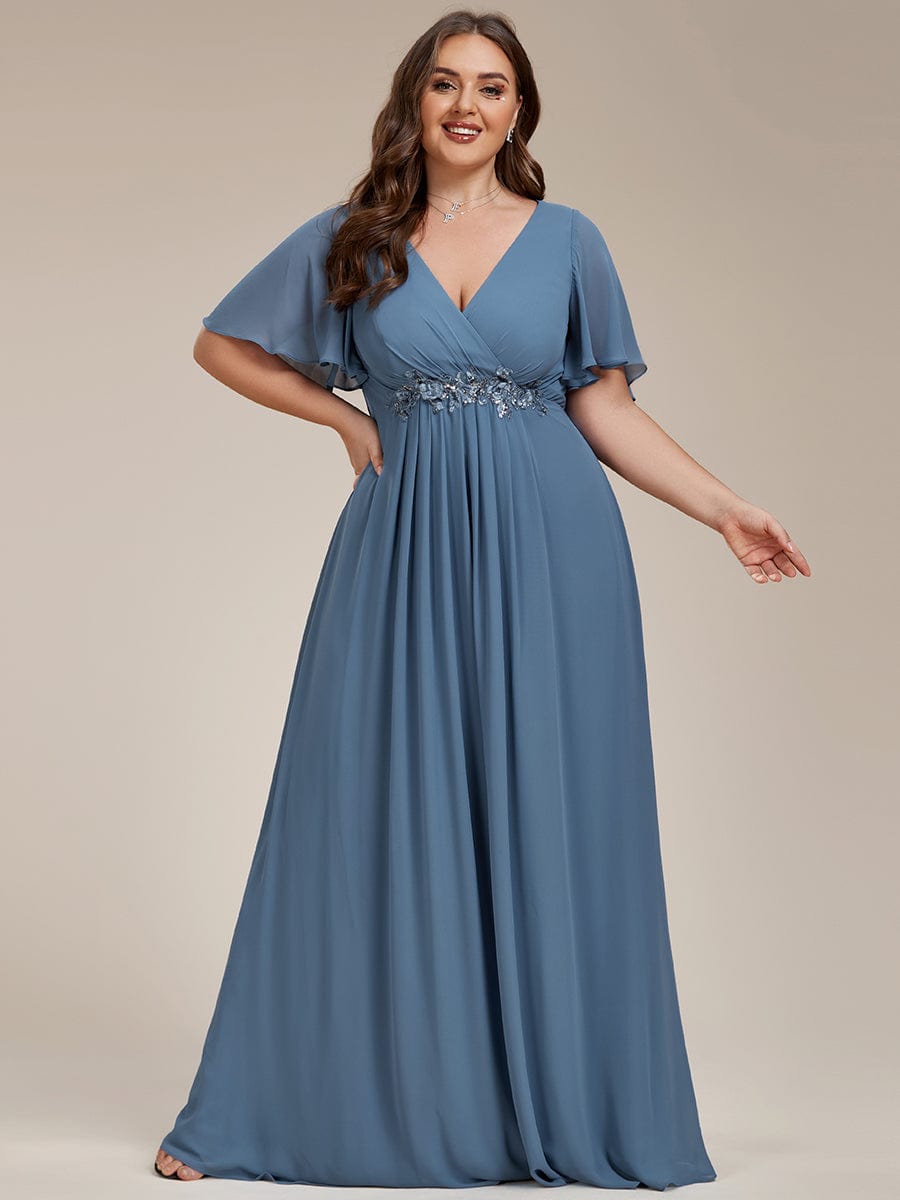 Plus Size Applique Waist A-Line Chiffon Maxi Dress #color_Dusty Blue