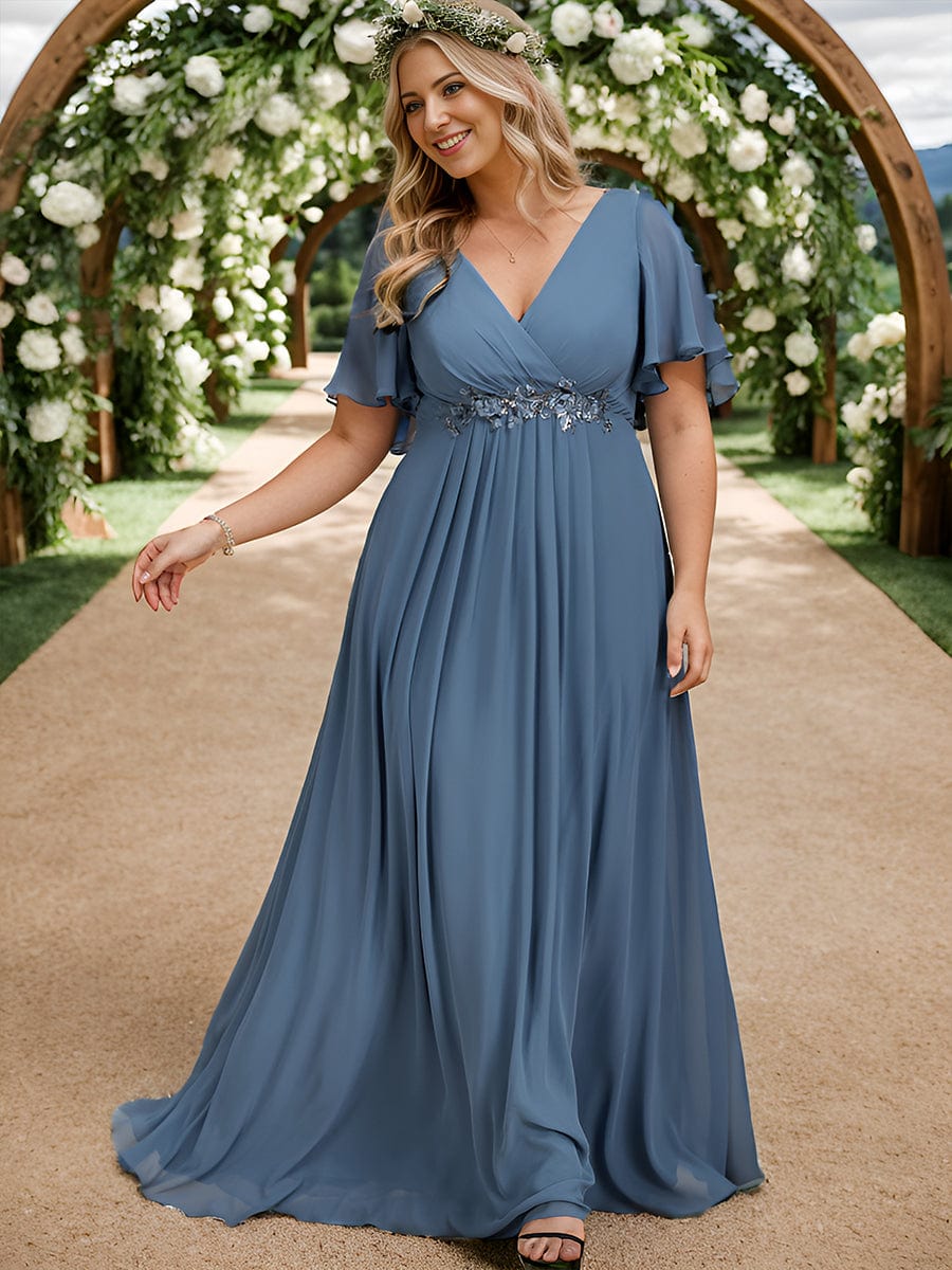 Plus Size Applique Waist A-Line Chiffon Maxi Dress #color_Dusty Blue