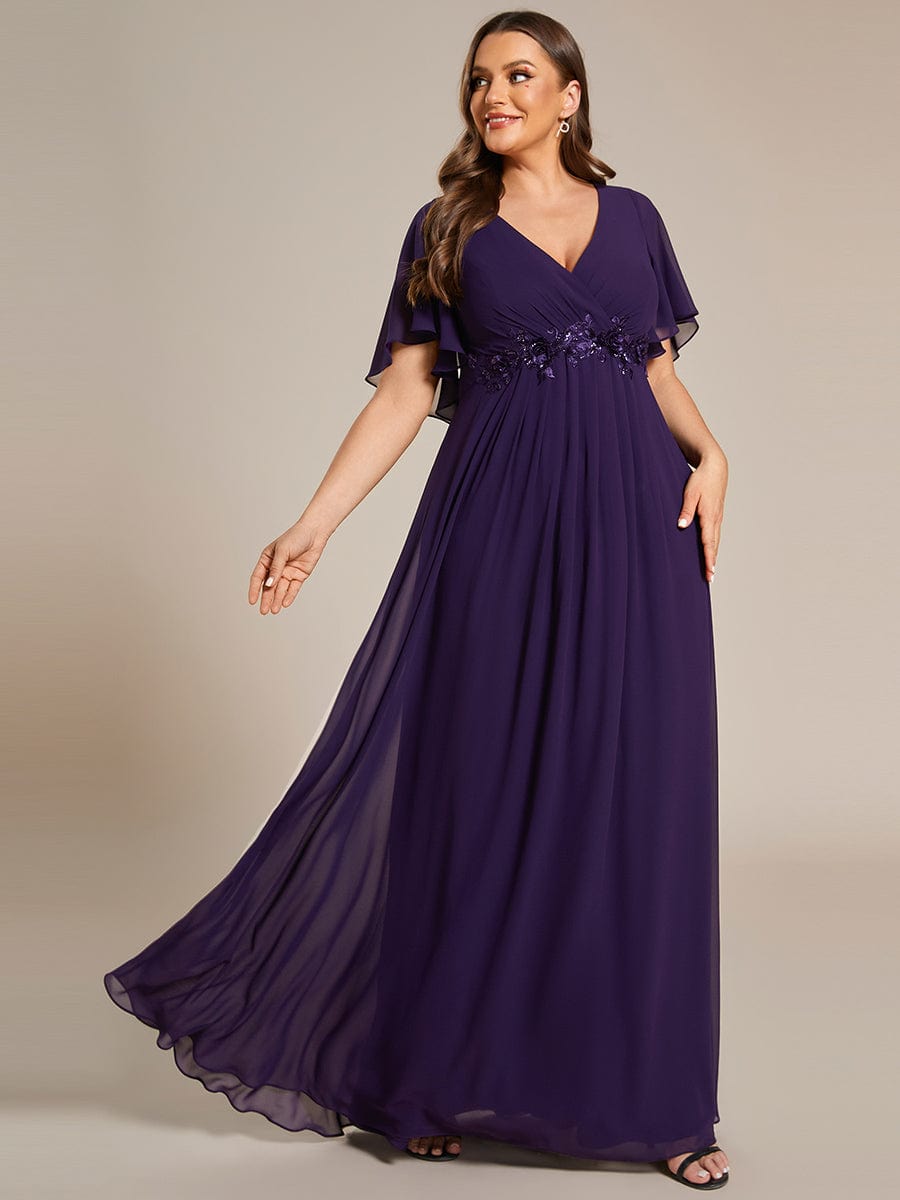 Plus Size Applique Waist A-Line Chiffon Maxi Dress #color_Dark Purple