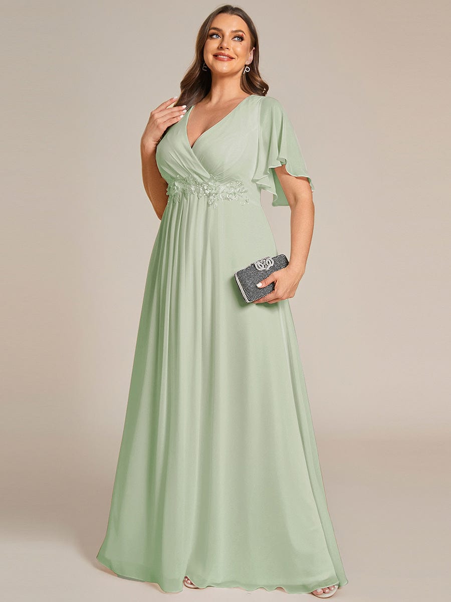 Plus Size Applique Waist A-Line Chiffon Maxi Dress #color_Sage Green