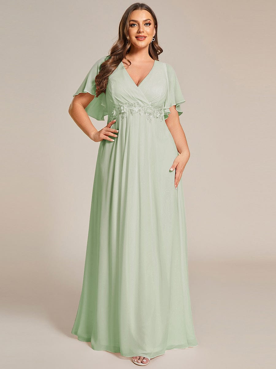 Plus Size Applique Waist A-Line Chiffon Maxi Dress #color_Sage Green