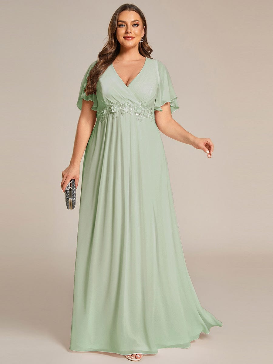 Plus Size Applique Waist A-Line Chiffon Maxi Dress #color_Sage Green