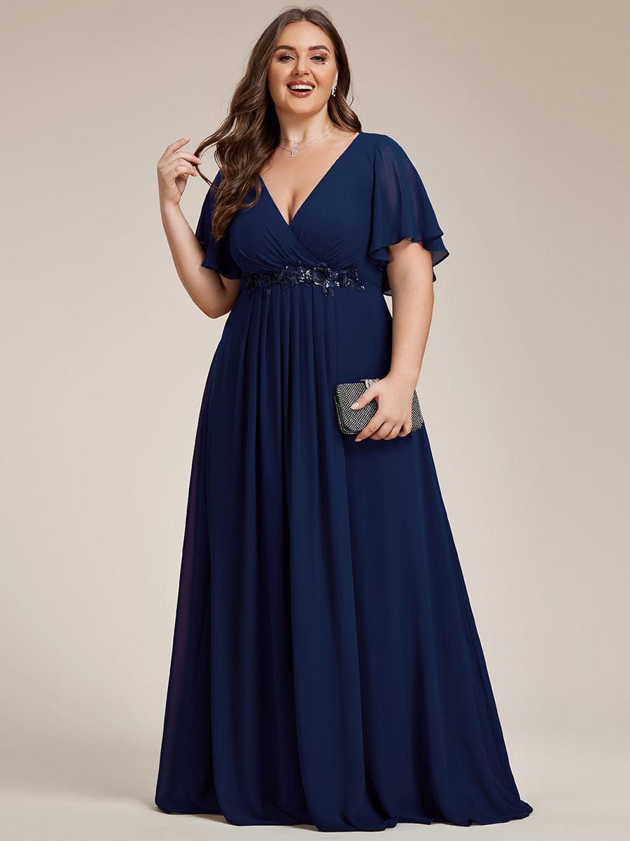 Plus Size Applique Waist A-Line Chiffon Maxi Dress #color_Navy Blue